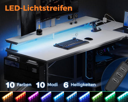 Gaming Tisch L Form mit LED Beleuchtung und Steckdosen 120x80cm Eckschreibtisch Weiß mit Regal - Coleshome