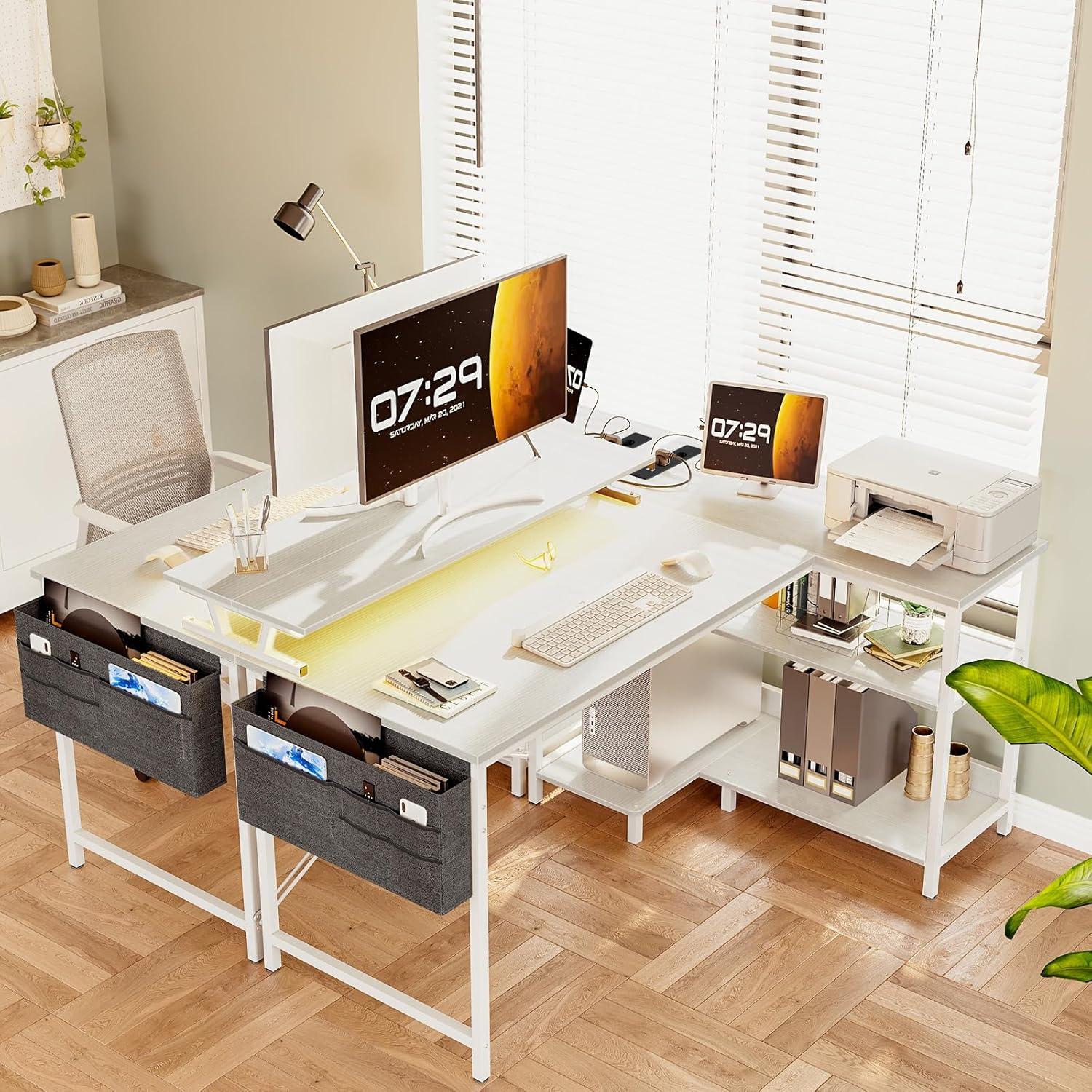 Gaming Tisch L-Form LED 120x80cm Eckschreibtisch Weiß Regal