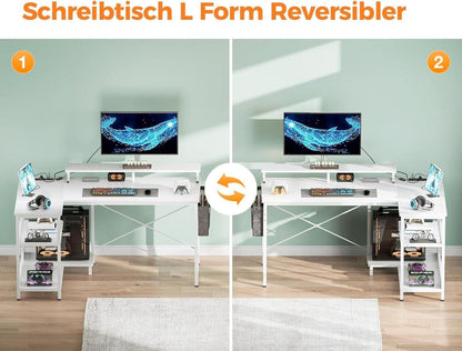 Gaming Schreibtisch L Form LED 120x80cm Eckschreibtisch Weiß mit Regal