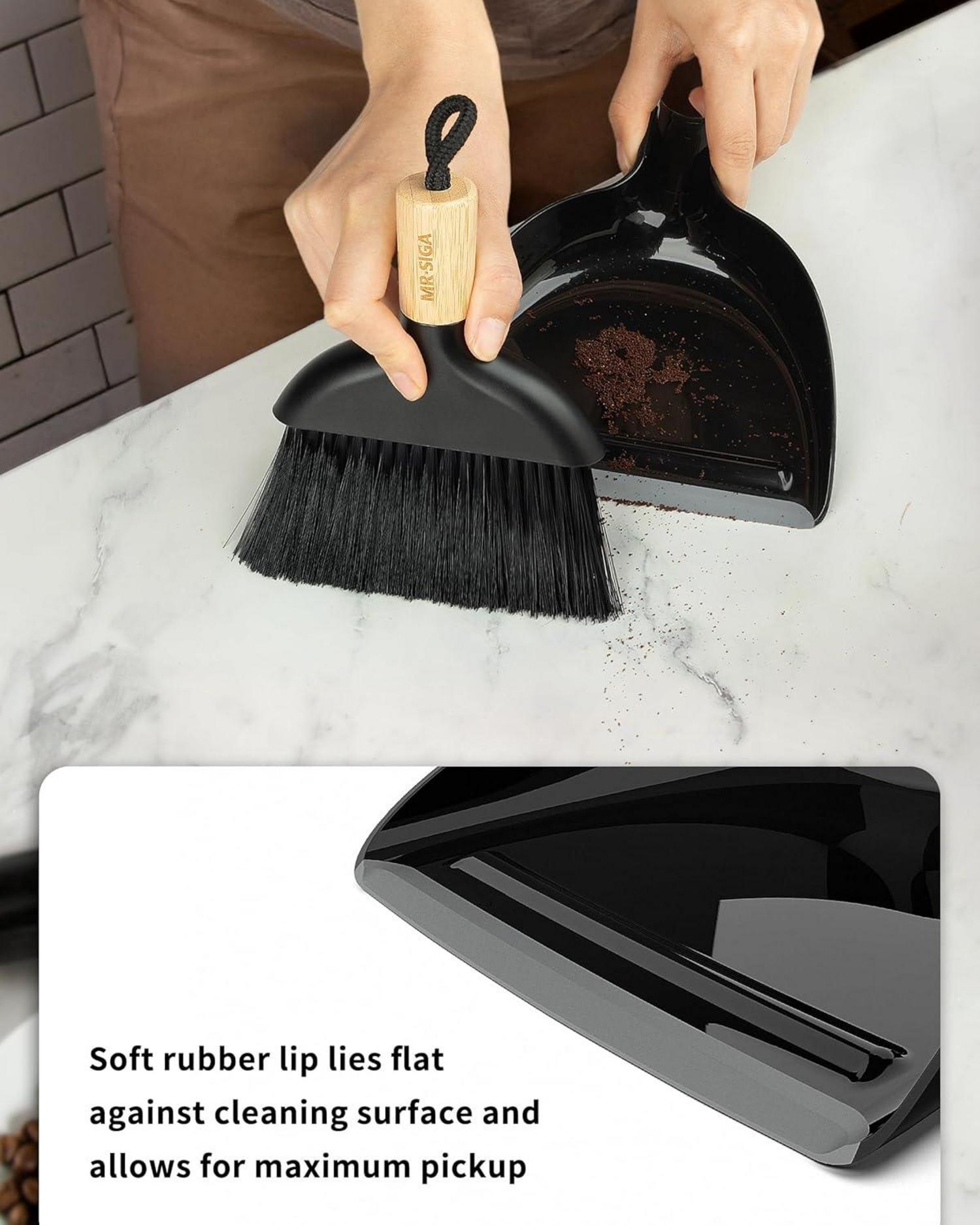 MR.SIGA Mini Kehrschaufel und Bürste Set mit Bambusgriff in Schwarz