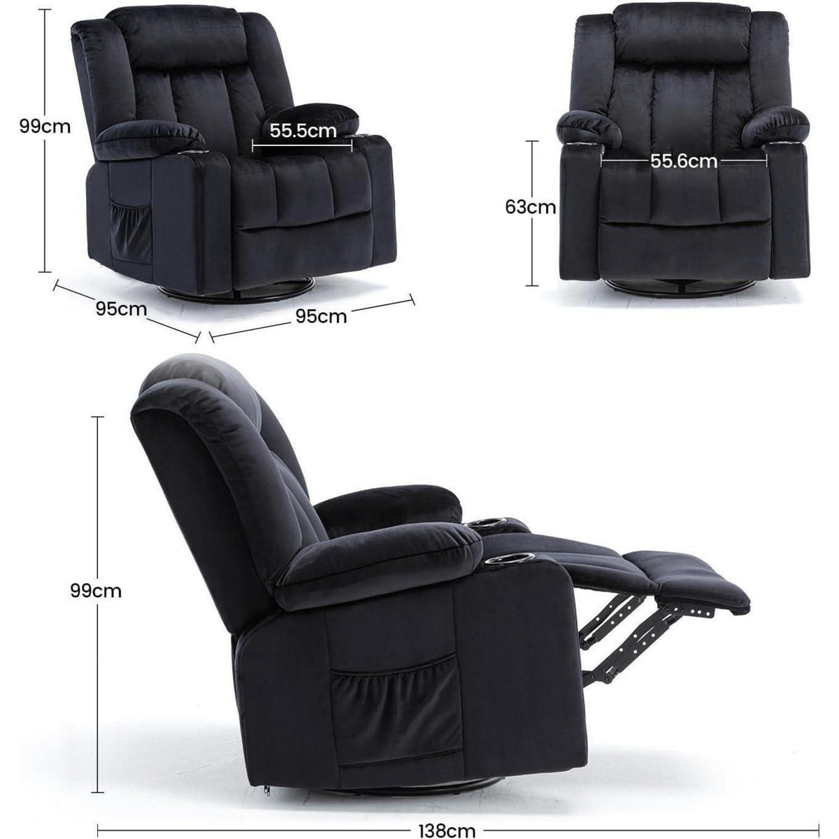 Manueller Relaxsessel mit Fußstütze & 360° Drehung – Schwarz