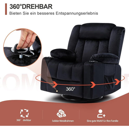 Manueller Relaxsessel mit Fußstütze & 360° Drehung – Schwarz