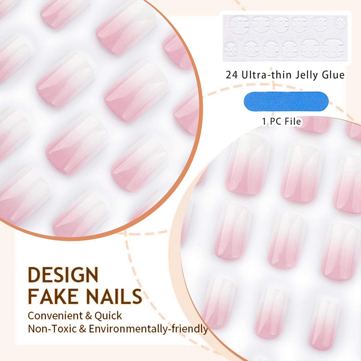 24 Stück Gradient Ombre Klebe Nägel Kurz Quadratisch French Acryl