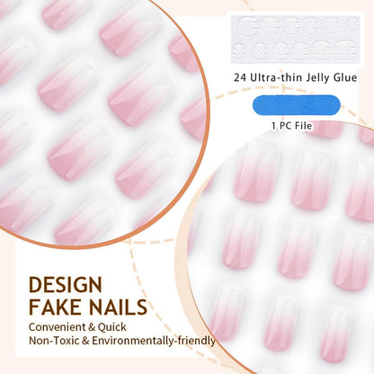 24 Stück Gradient Ombre Klebe Nägel Kurz Quadratisch French Acryl