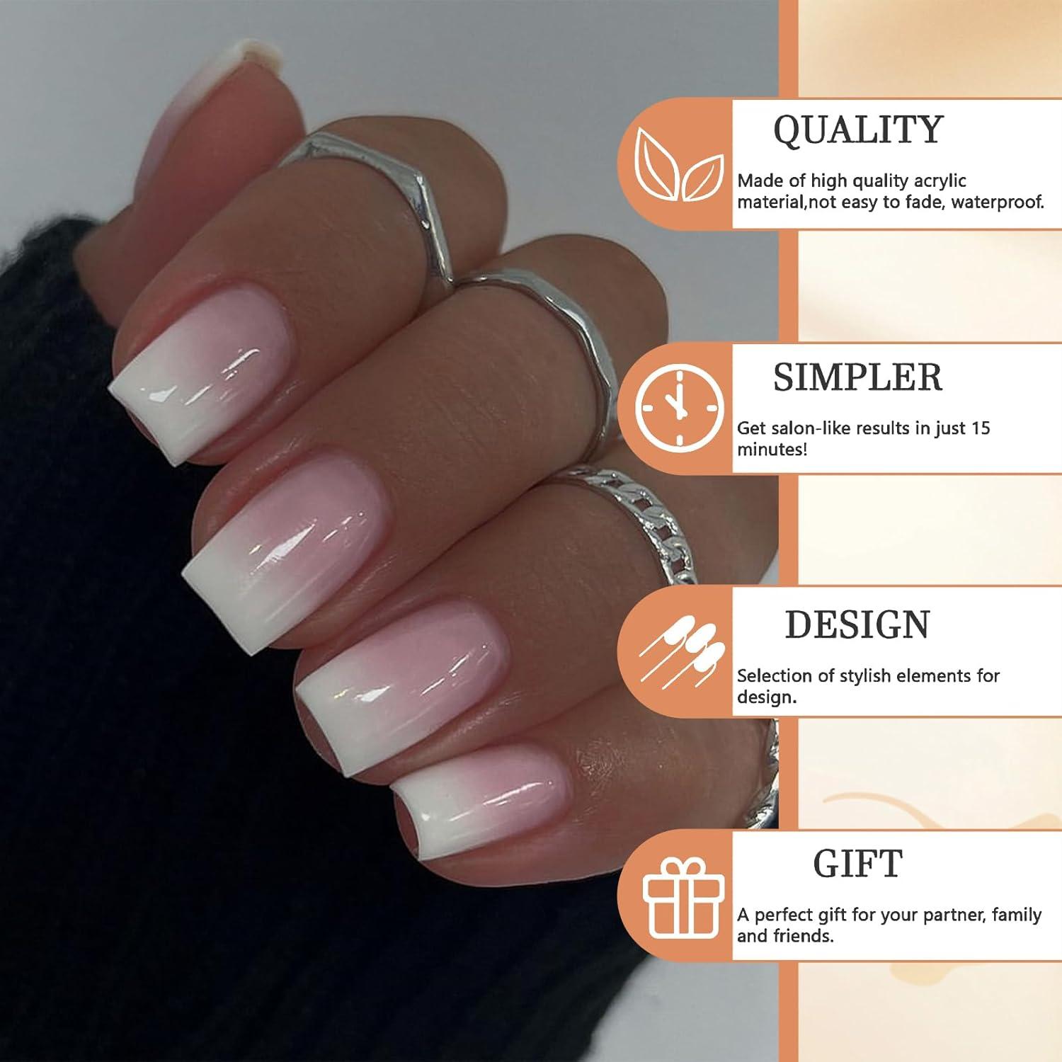 24er Set Gradient Pink und Weiß Ombre Nails Press On - Kurz Quadratisch Selbstklebende Acrylnägel