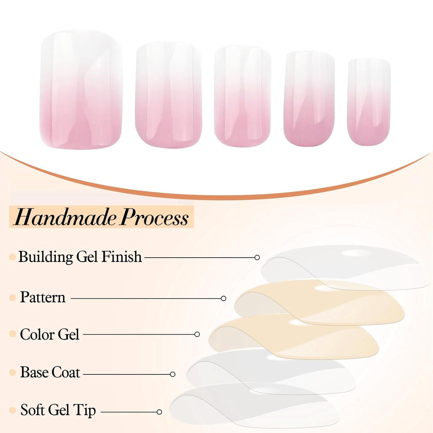 24er Set Gradient Pink Weiß Ombre Nägel Kurz Quadratisch Press On Akryl