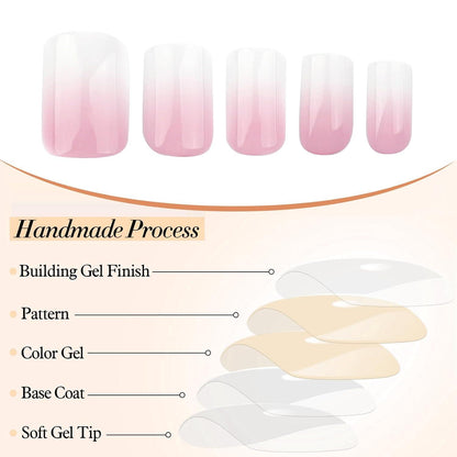 24er Set Gradient Pink Weiß Ombre Nägel Kurz Quadratisch Press On Akryl