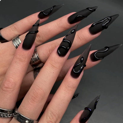 24 Schwarze Mandel Stiletto Press On Nails 3D Schlange Design