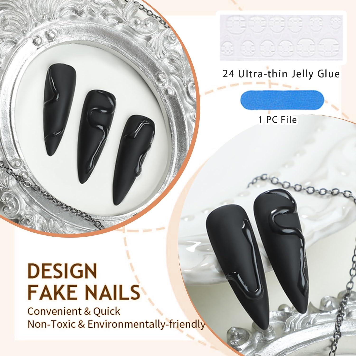 24 Schwarze Mandel Stiletto Press On Nails 3D Schlange Design