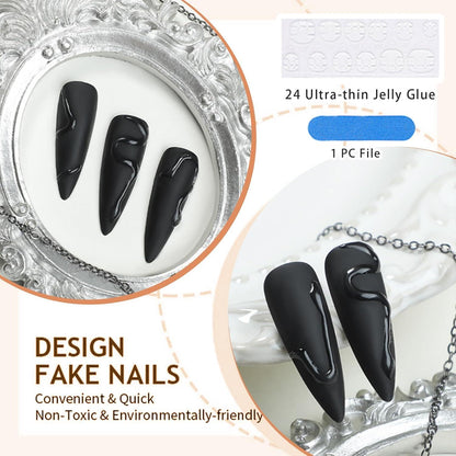24 Schwarze Mandel Stiletto Press On Nails 3D Schlange Design