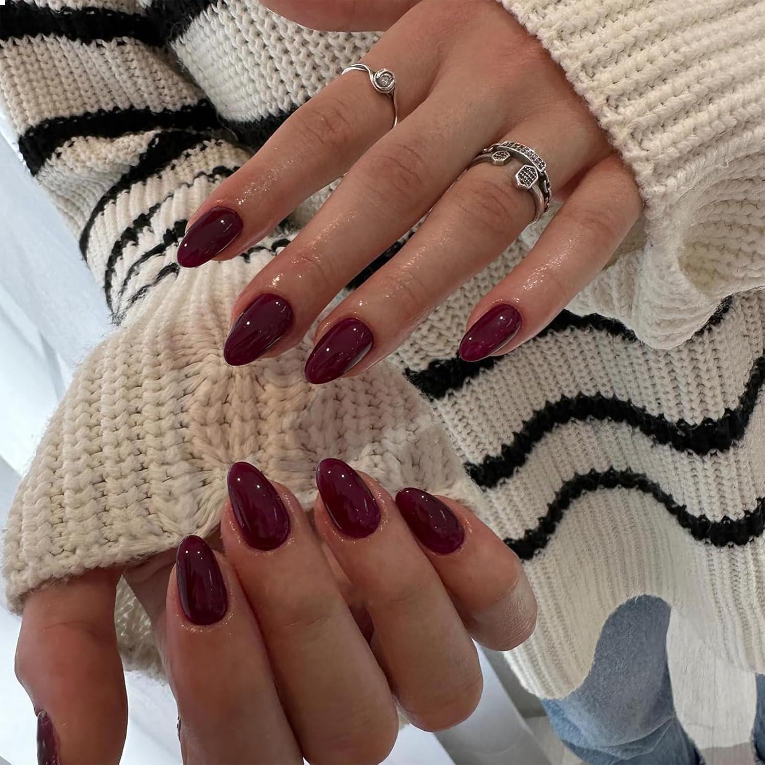 30 Stück Weinrot Kurz Oval Falsche Akryl Nails Press Ons