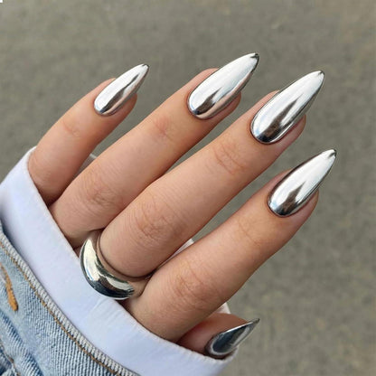 24 Stück Silber Chrome Press On Nägel Set - Glänzende Stiletto Falsch
