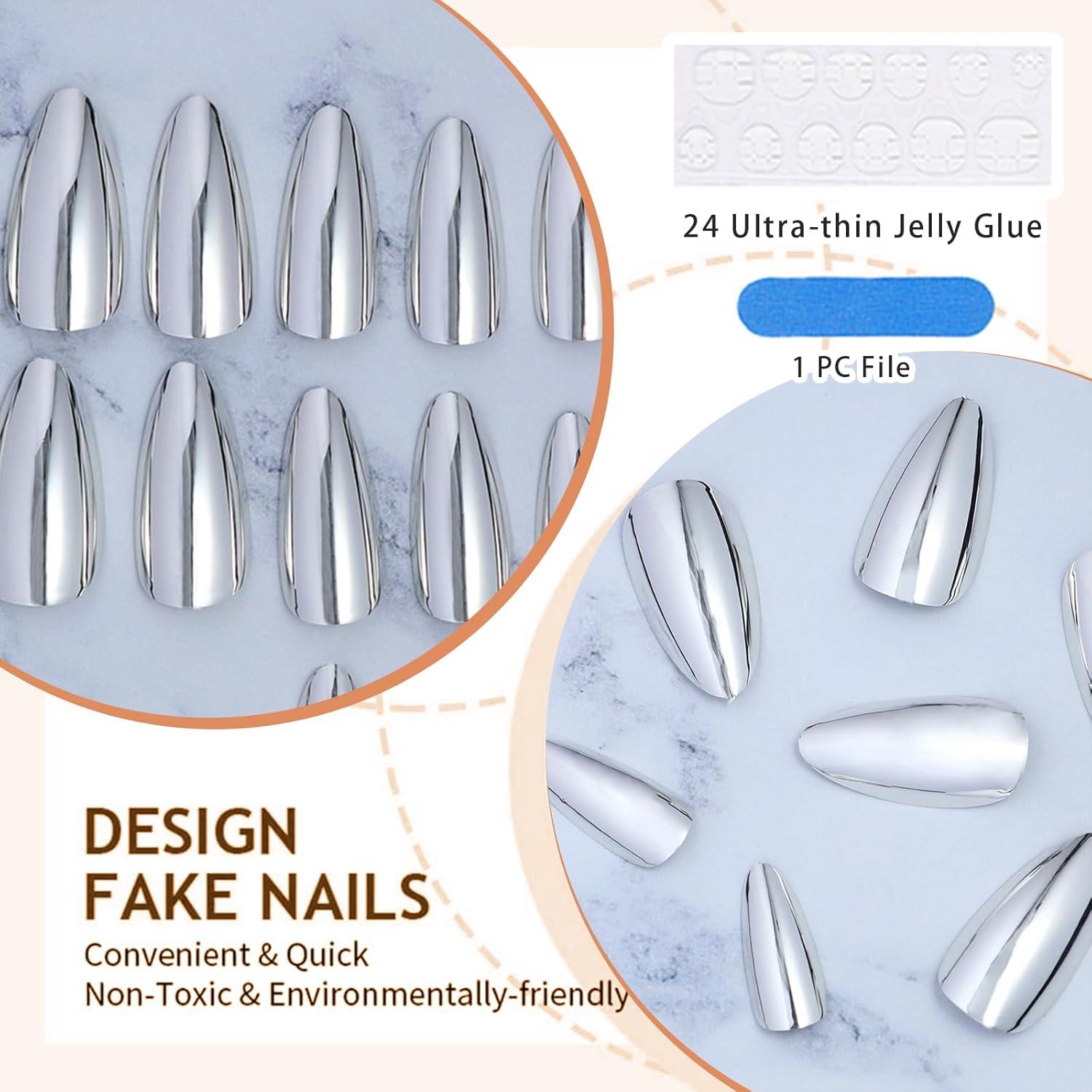 24 Stück Silber Chrome Press On Nägel Set - Glänzende Stiletto Falsch