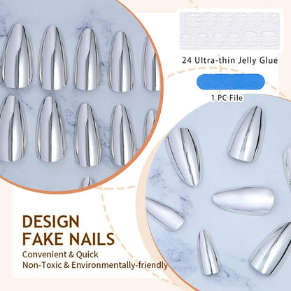 24 Stück Silber Chrome Press On Nägel Set - Glänzende Stiletto Falsch