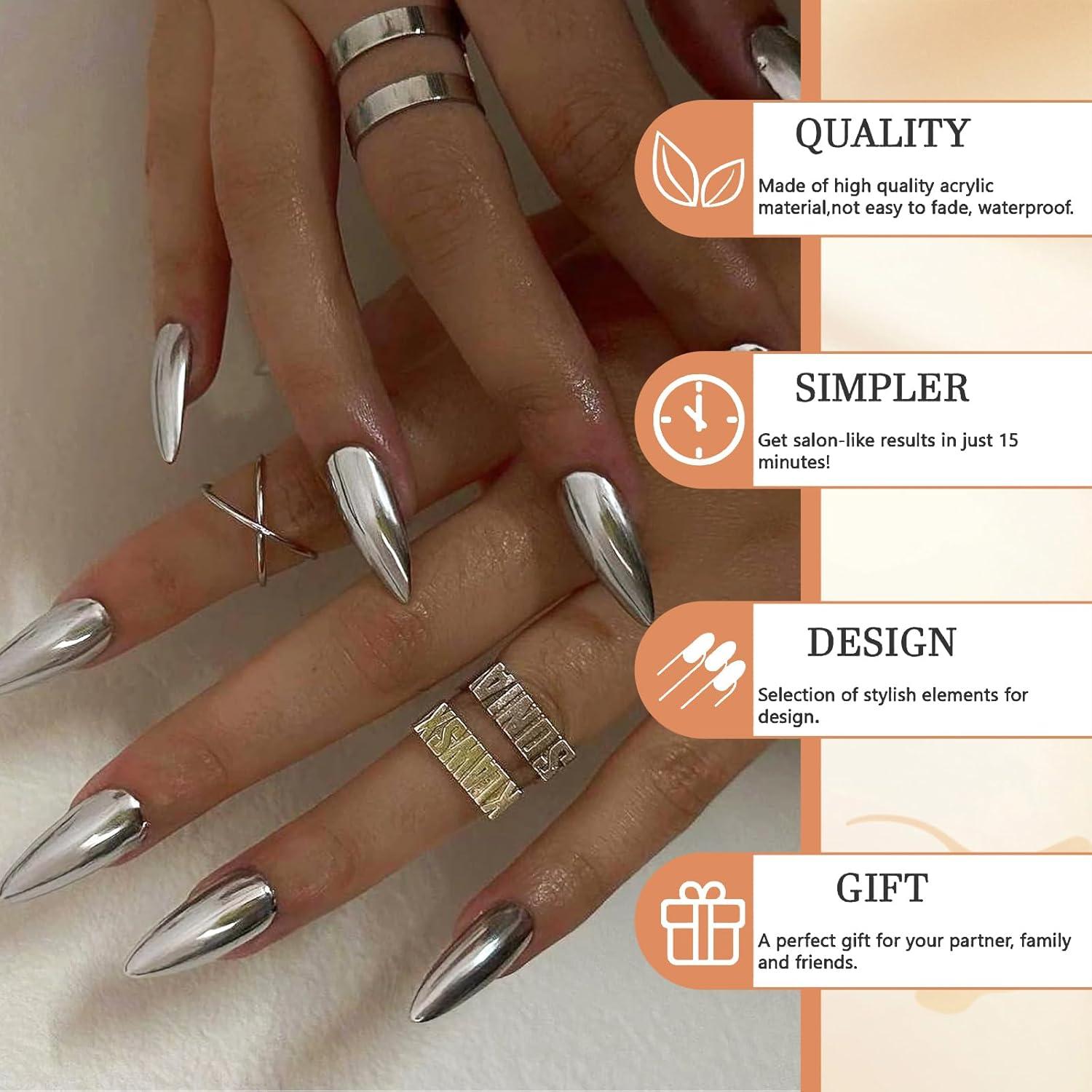 24Pcs Lustrous Sliver Chrome Press on Nägel Mittel Almond Stiletto Frauen