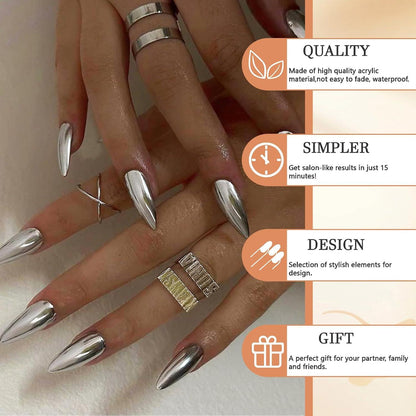 24Pcs Lustrous Sliver Chrome Press on Nägel Mittel Almond Stiletto Frauen