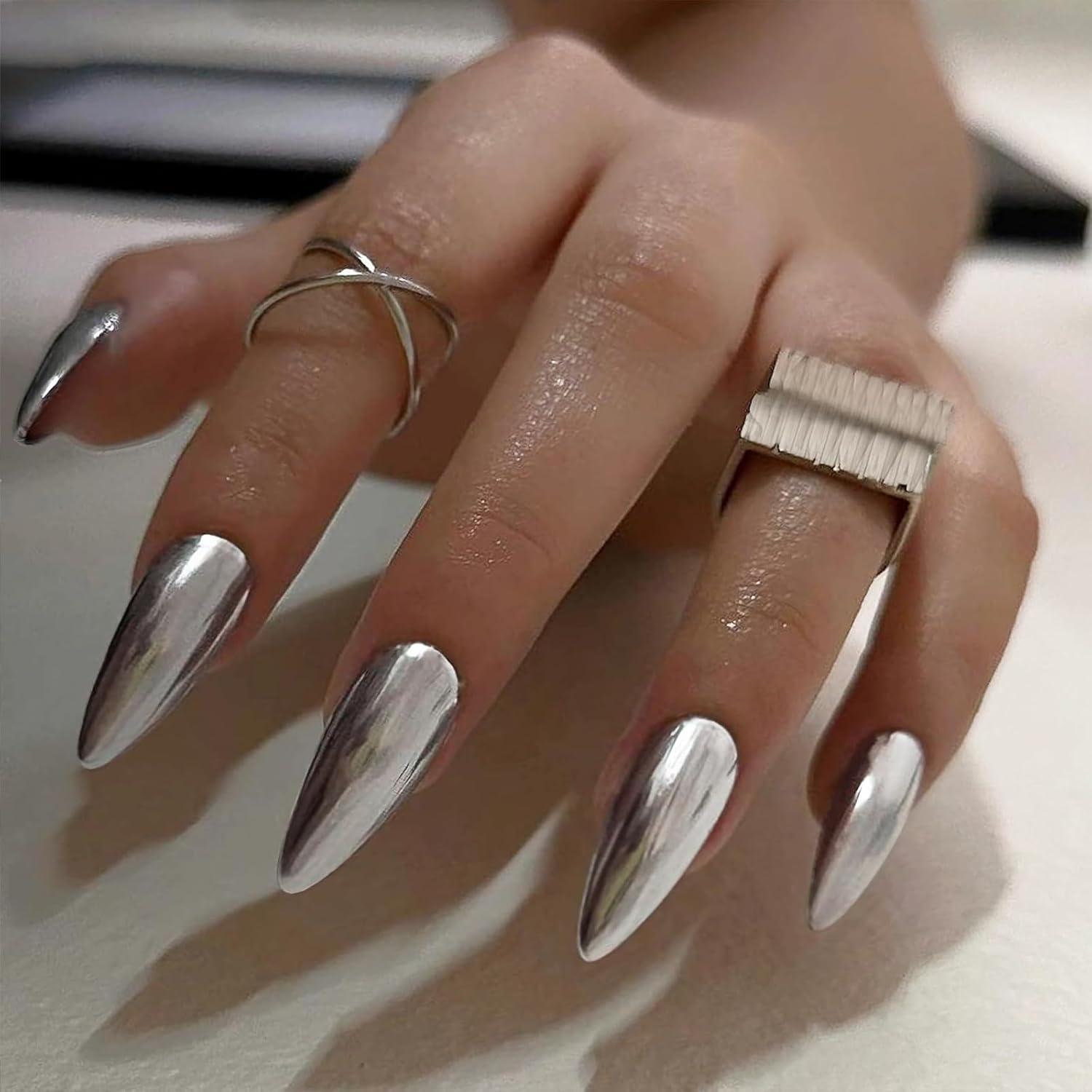 24Pcs Lustrous Chrome Press on Nägel Mittel Almond Spiegel Lack Klebe