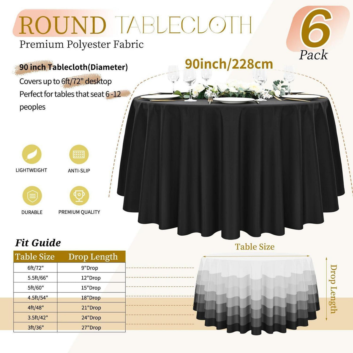 6x Runde Tischdecke Schwarz 228cm – Waschbar & Elegant
