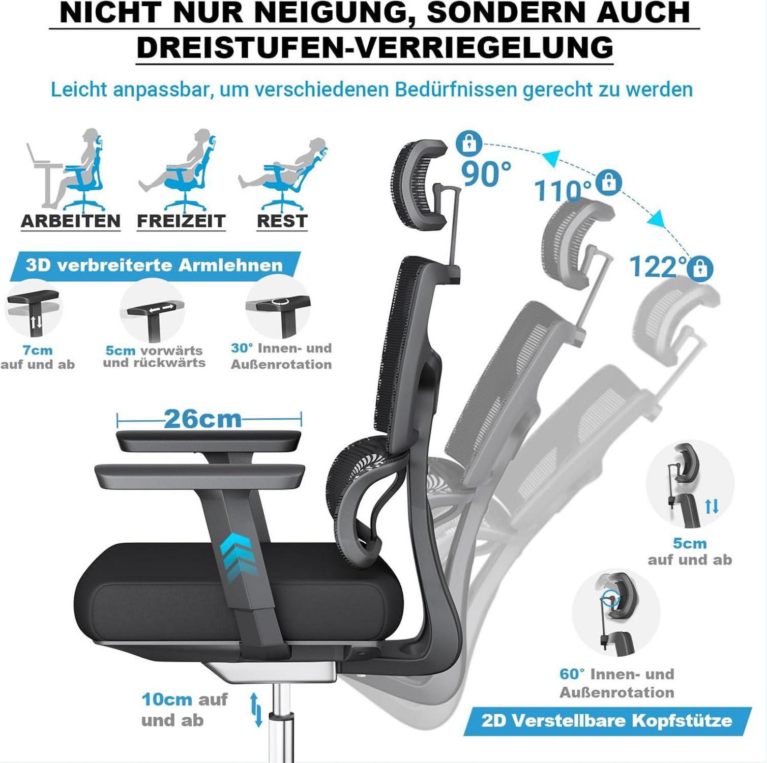 XXL Bürostuhl 200kg Upgrade Ergonomisch 3D Armlehnen Schwarz