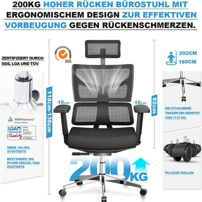 Bürostuhl 200kg XXL Ergonomisch 3D Armlehnen Office Chair