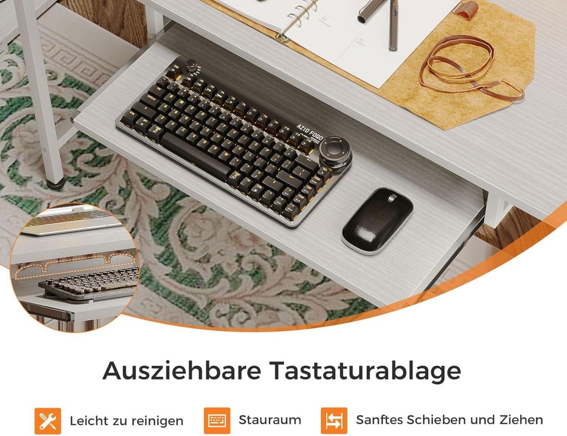Schreibtisch 140x48cm Weiß mit Schubladen Steckdose USB LED