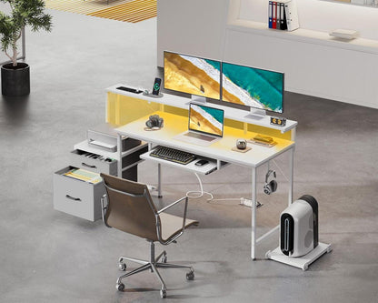 Coleshome Schreibtisch mit Schubladen 140x48cm Weiß LED Gaming Tisch