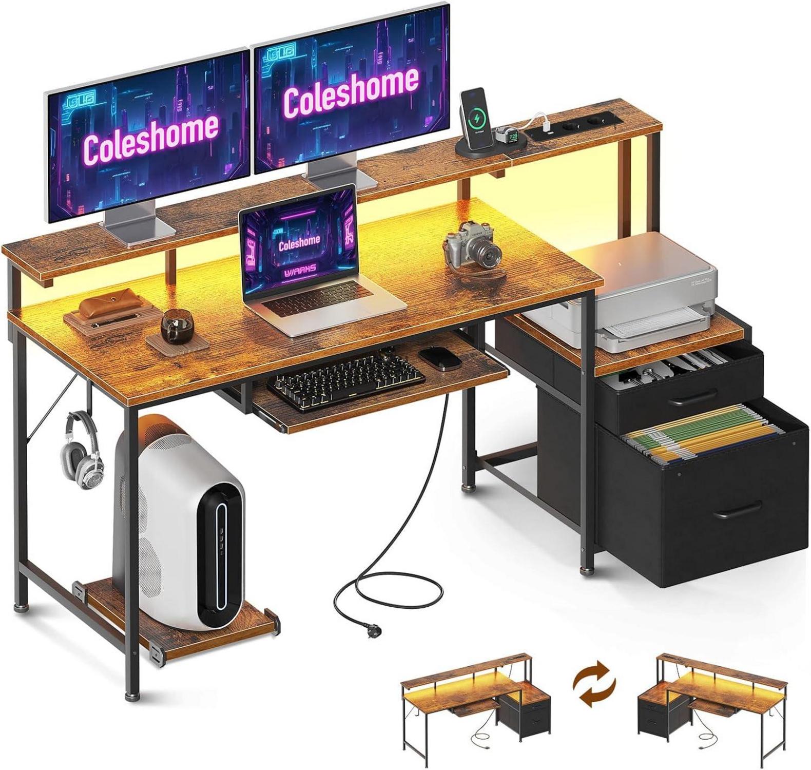 Schreibtisch mit Schubladen 140x48cm LED-Licht Braun