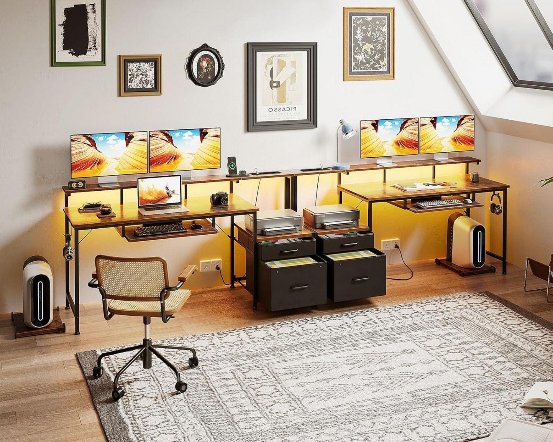 Coleshome Schreibtisch 140x48cm mit Schubladen LED-Licht
