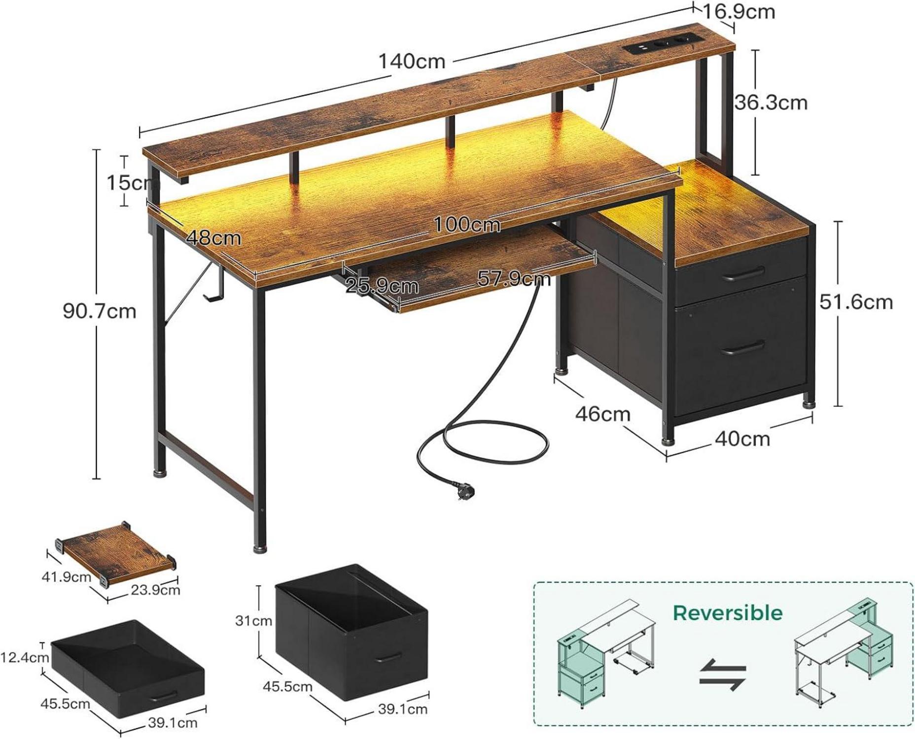 Schreibtisch mit Schubladen 140x48cm LED-Licht Braun