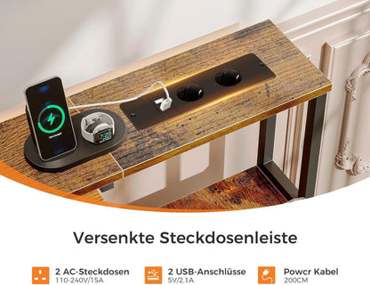 Coleshome Schreibtisch mit Schubladen und USB, 140x48cm, LED-Licht, Braun