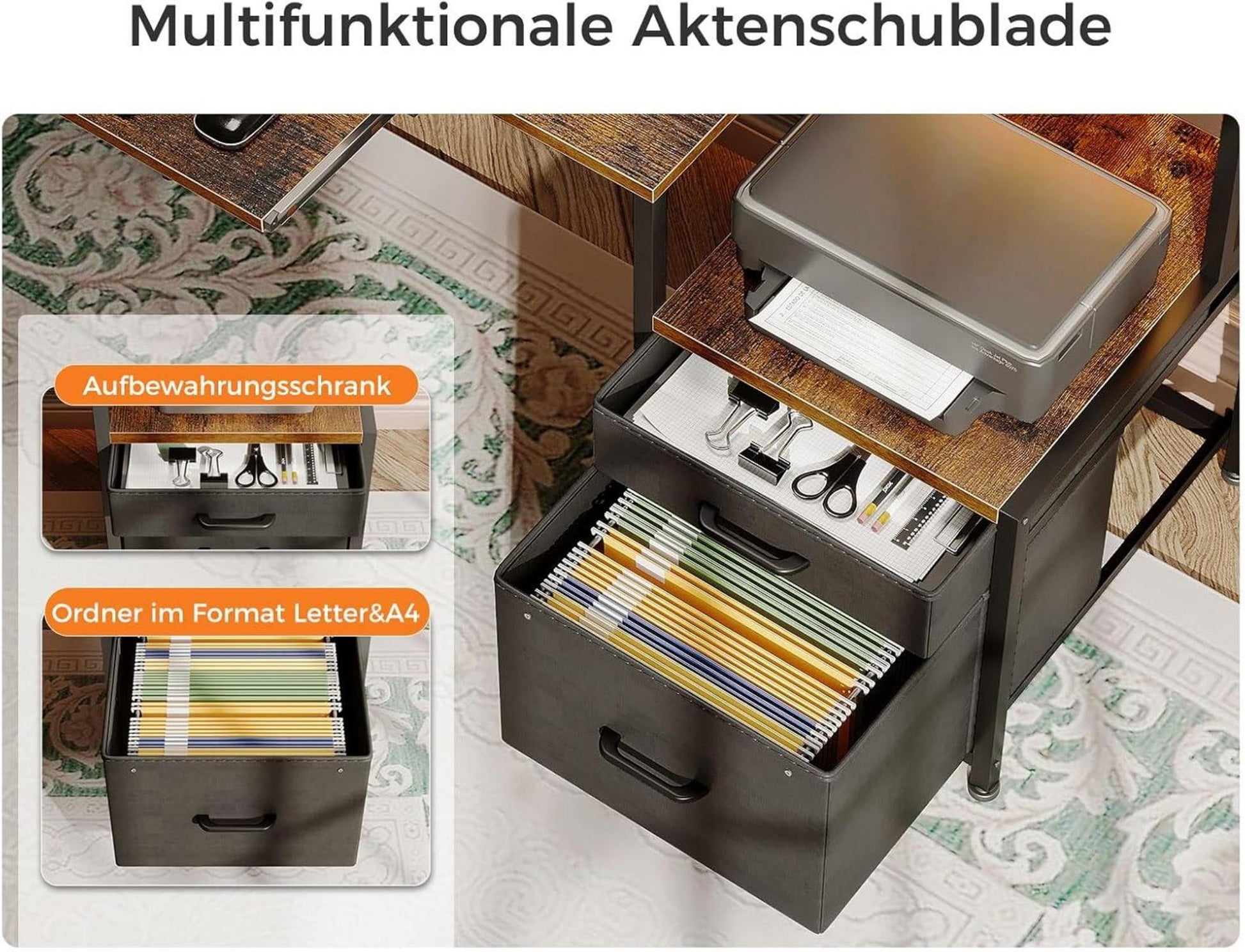 Schreibtisch mit Schubladen 140x48cm USB LED-Licht Braun