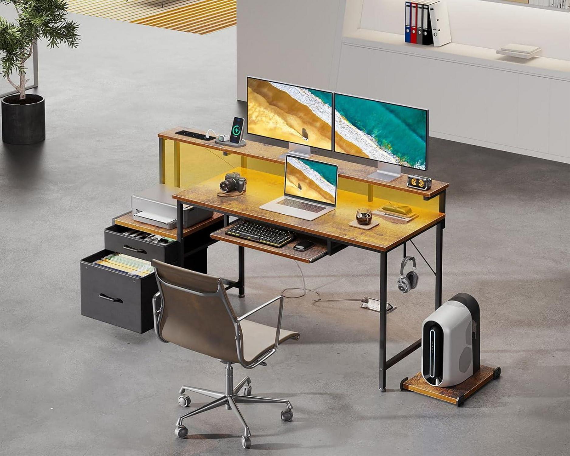 Coleshome Schreibtisch mit Schubladen und USB, 140x48cm, LED-Licht, Braun