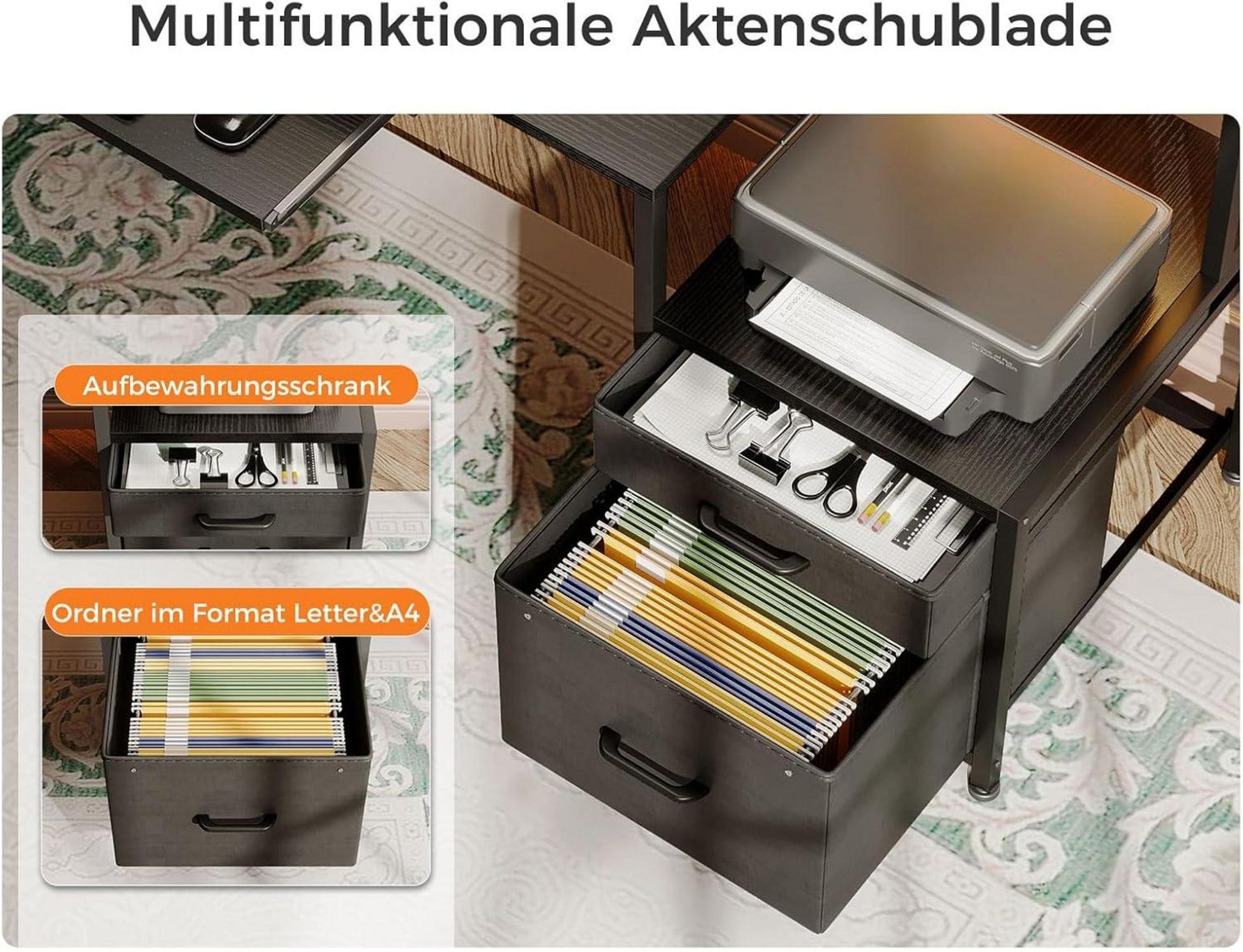 Schwarzer Schreibtisch mit Schubladen und USB-Anschlüssen