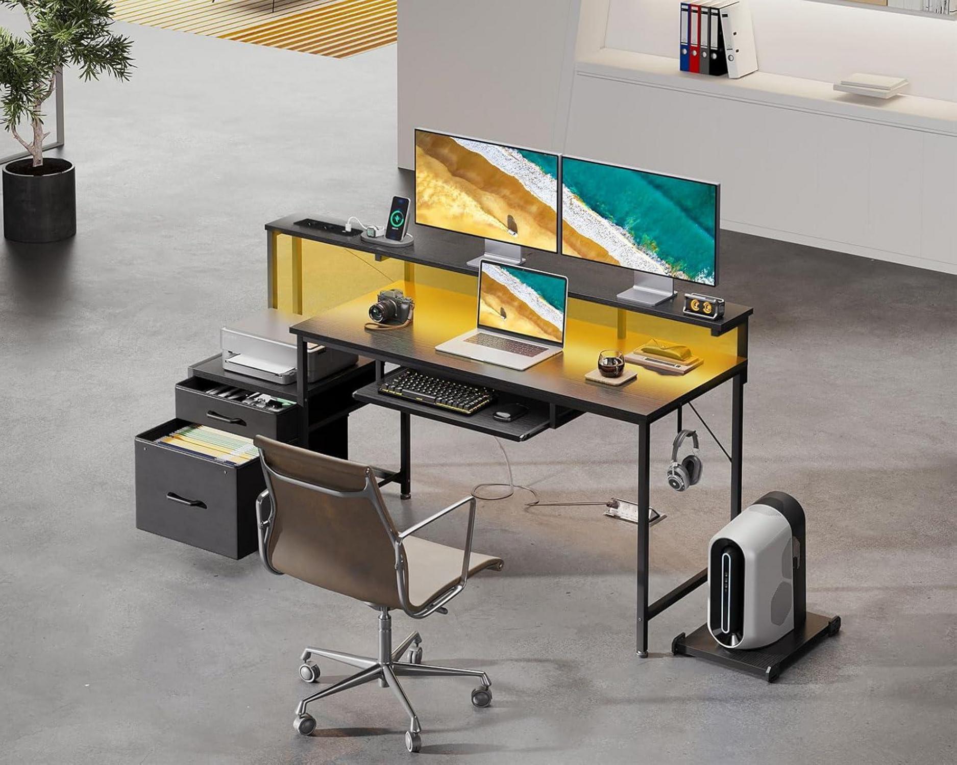 Schreibtisch mit Schubladen 140x48cm Schwarz USB LED Tastaturablage Monitorständer