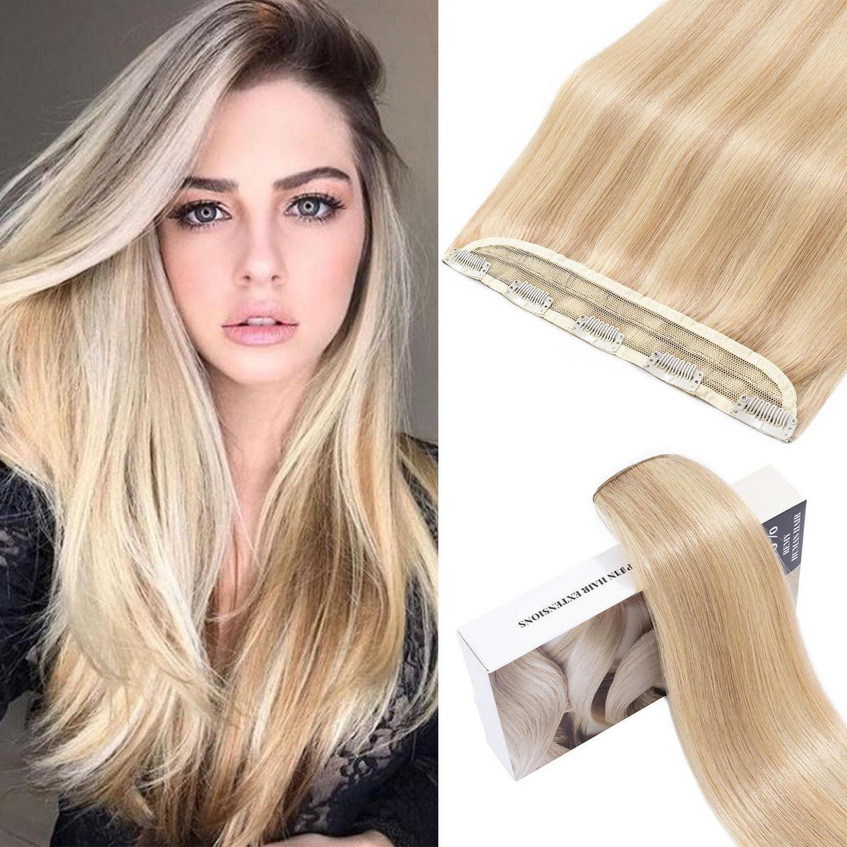 Echthaar Clip-In Extension Aschblond/Weißblond 55cm