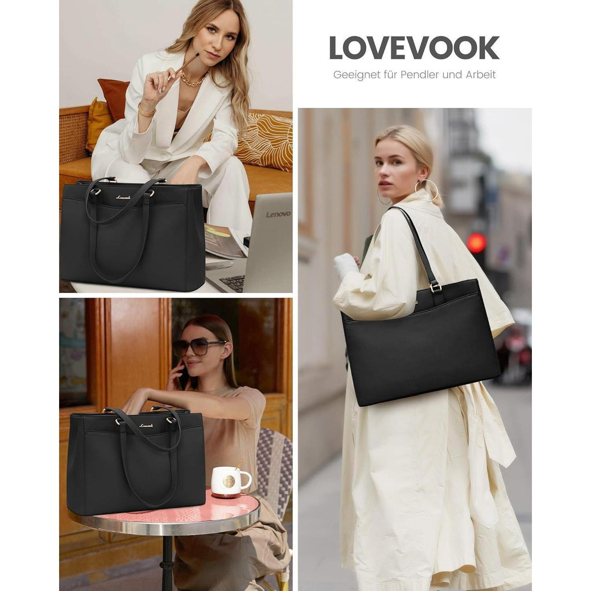 Laptoptasche Damen 15,6 Zoll, Elegant & Stabil, Schwarz