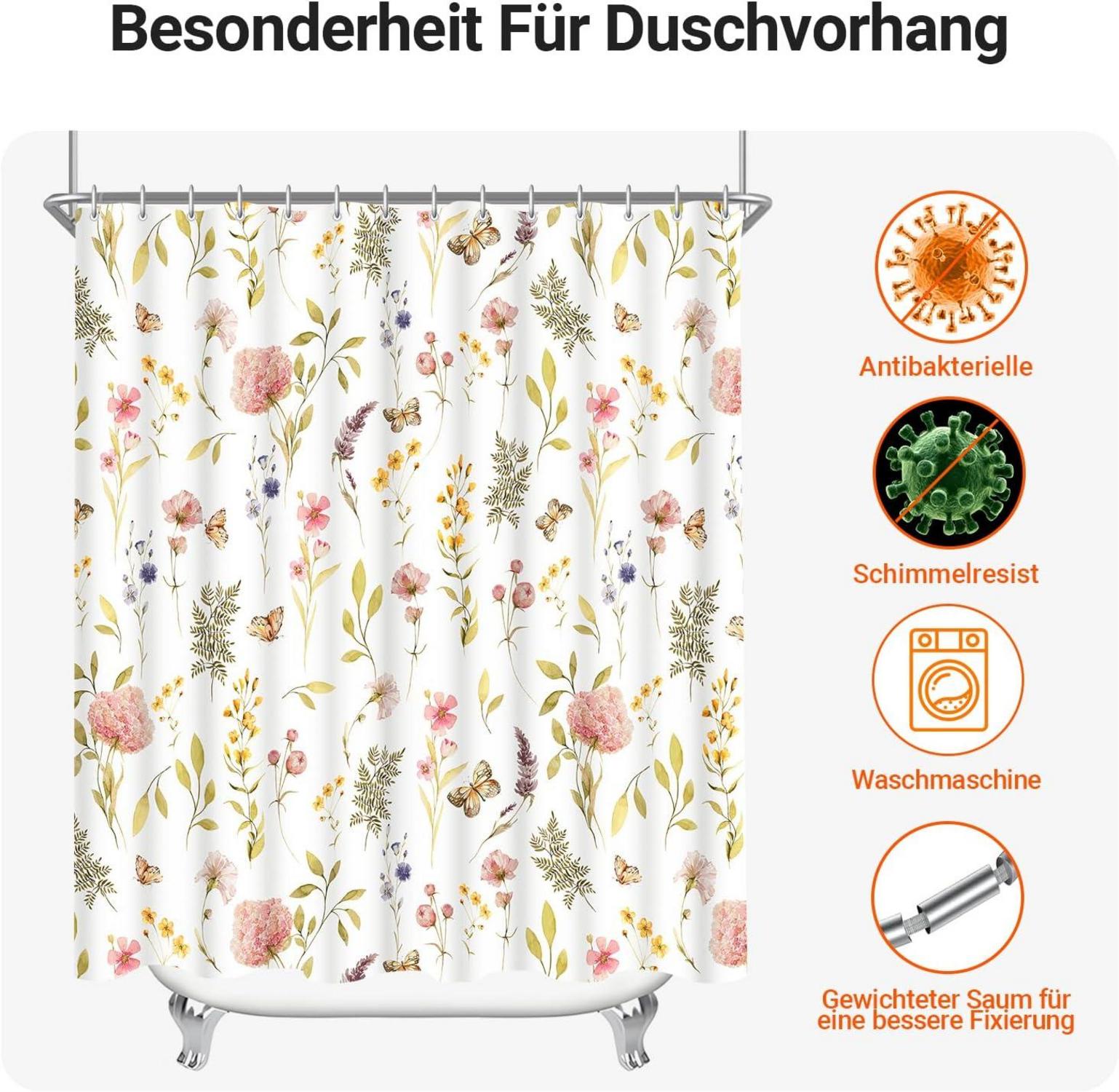 Duschvorhang 180x200cm Rosa Blume Antischimmel Textilmit Saum & 12 Ringe