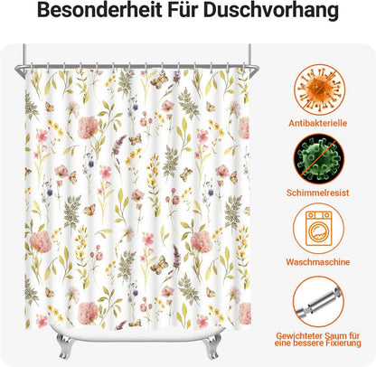 Duschvorhang 180x200cm Rosa Blume Antischimmel Textilmit Saum & 12 Ringe