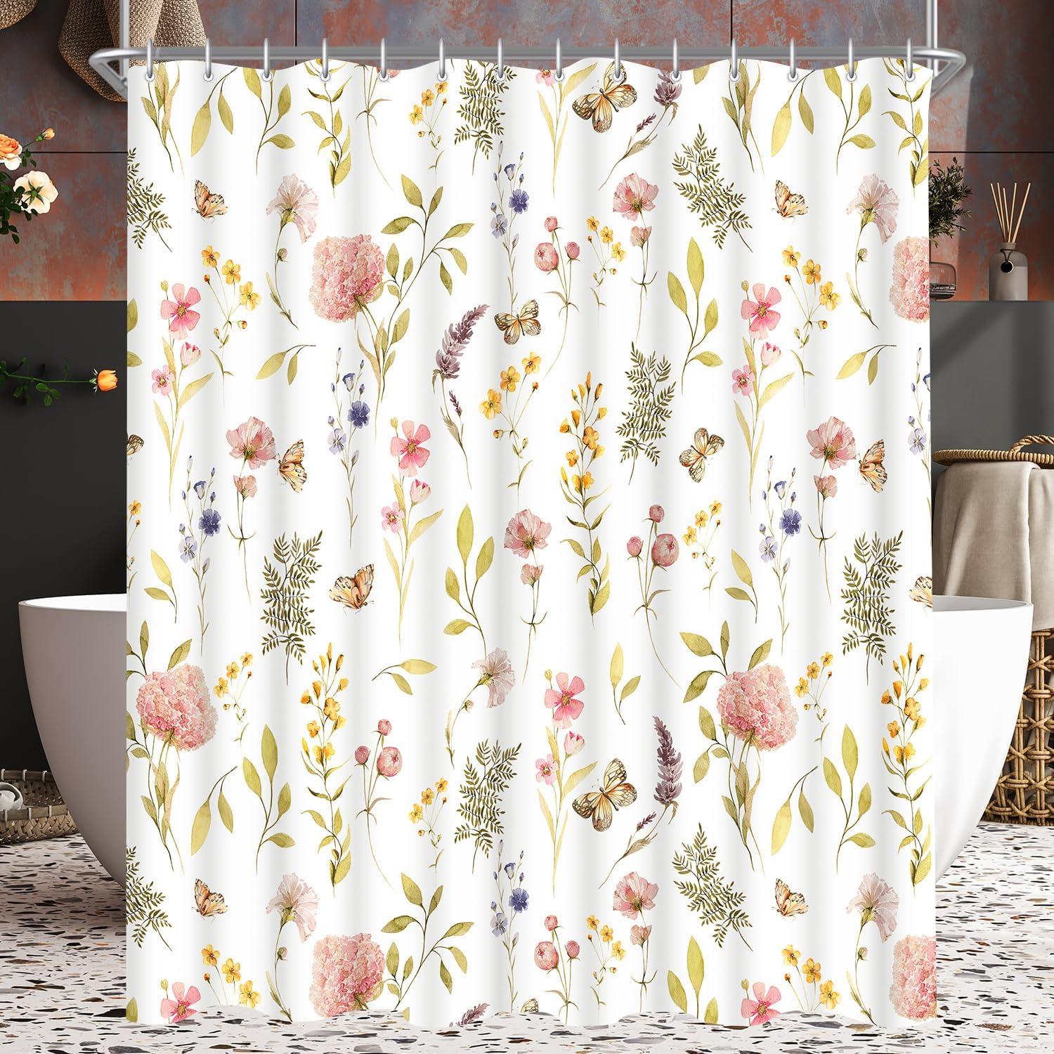 Lerores Duschvorhang 180x200cm Rosa Blume Antischimmel Wasserabweisend mit 12 Duschvorhangringe