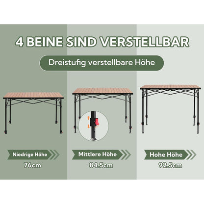 Höhenverstellbarer Campingtisch 120x70cm, Holzoptik, bis 100kg