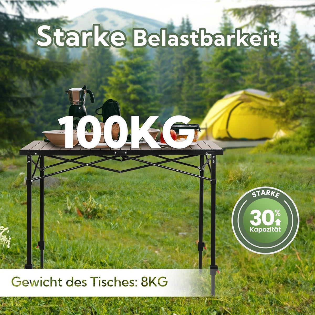 Höhenverstellbarer Campingtisch 120x70cm, Holzoptik, bis 100kg