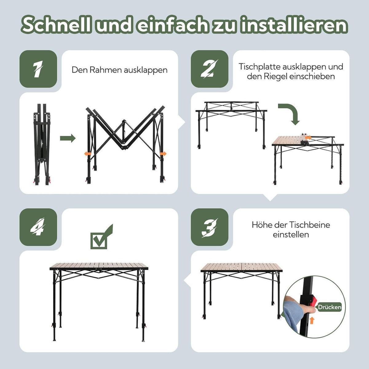 Höhenverstellbarer Campingtisch 120x70cm, Holzoptik, bis 100kg