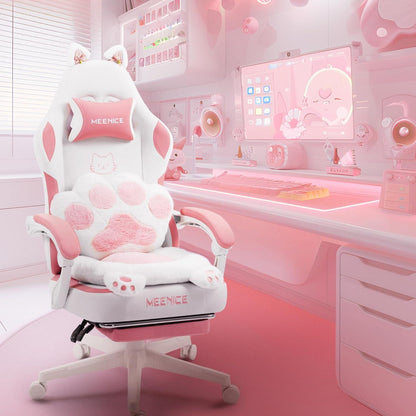 Gaming Stuhl mit Katzenohren und Fußstütze, Rosa Samt
