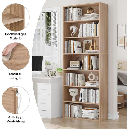 7-reihiges Bücherregal Eiche | Standregal für Wohnzimmer & Büro