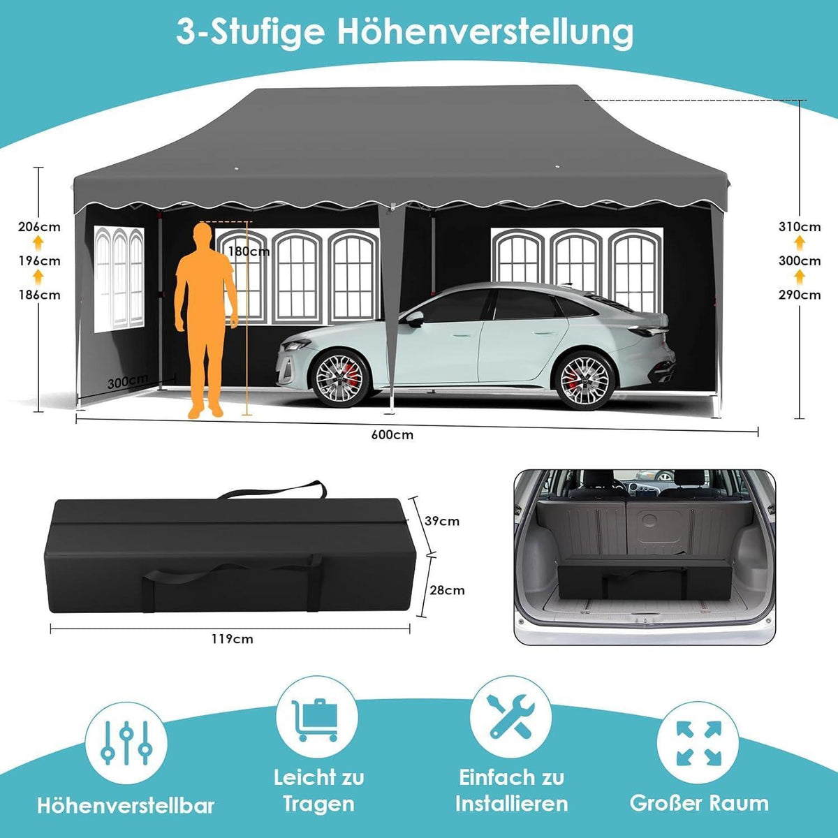 3x6 Pavillon Faltbar, Wasserdicht & Stabil für Garten & Events