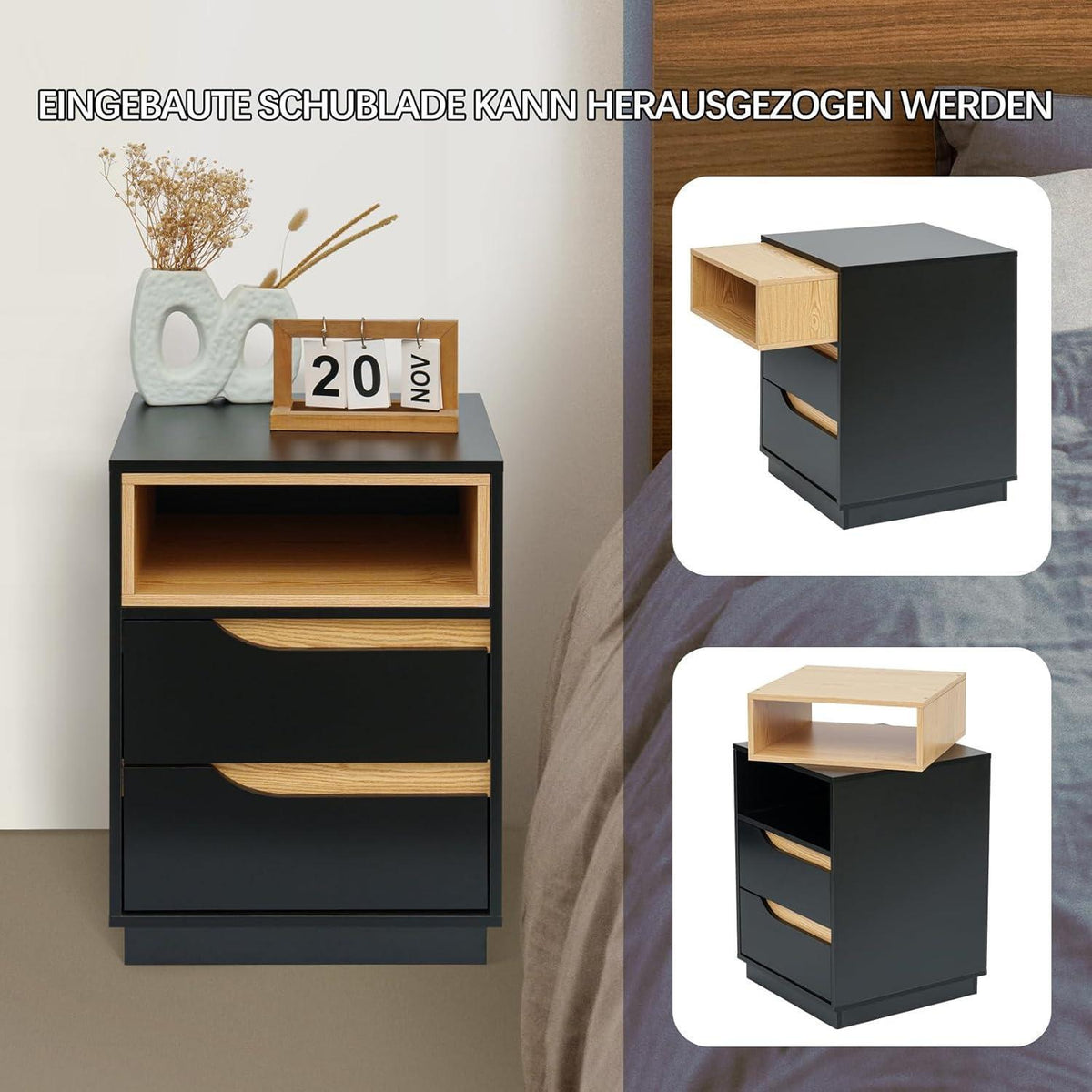 Moderner Nachttisch mit 2 Schubladen, Schwarz, 40x54x40 cm