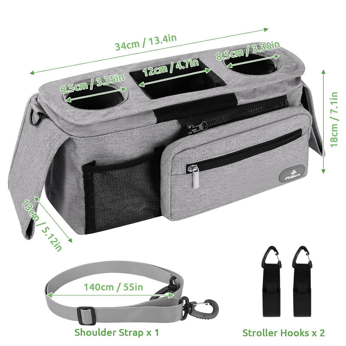 Kinderwagen Organizer mit 2 isolierten Getränkehaltern, Grau