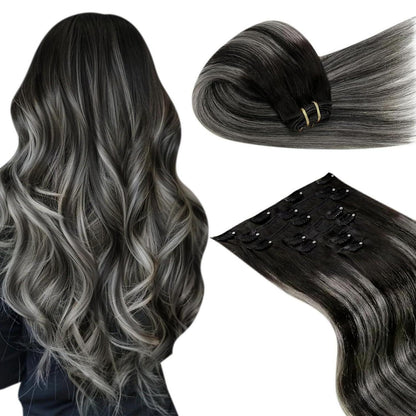 Echthaar Clip-in Extensions Schwarz Balayage Ombre Silber 45cm