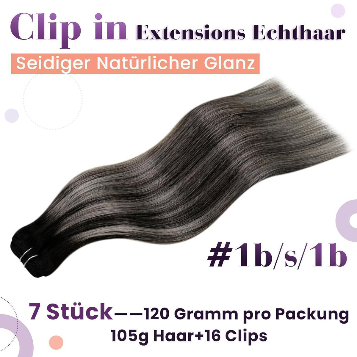 Echthaar Clip-in Extensions Schwarz Balayage Ombre Silber 45cm