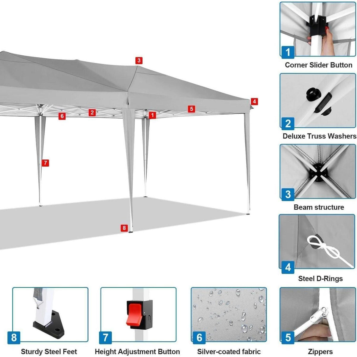 Faltpavillon 3x6m mit 6 Seitenwänden – Grau, wasserdicht & stabil